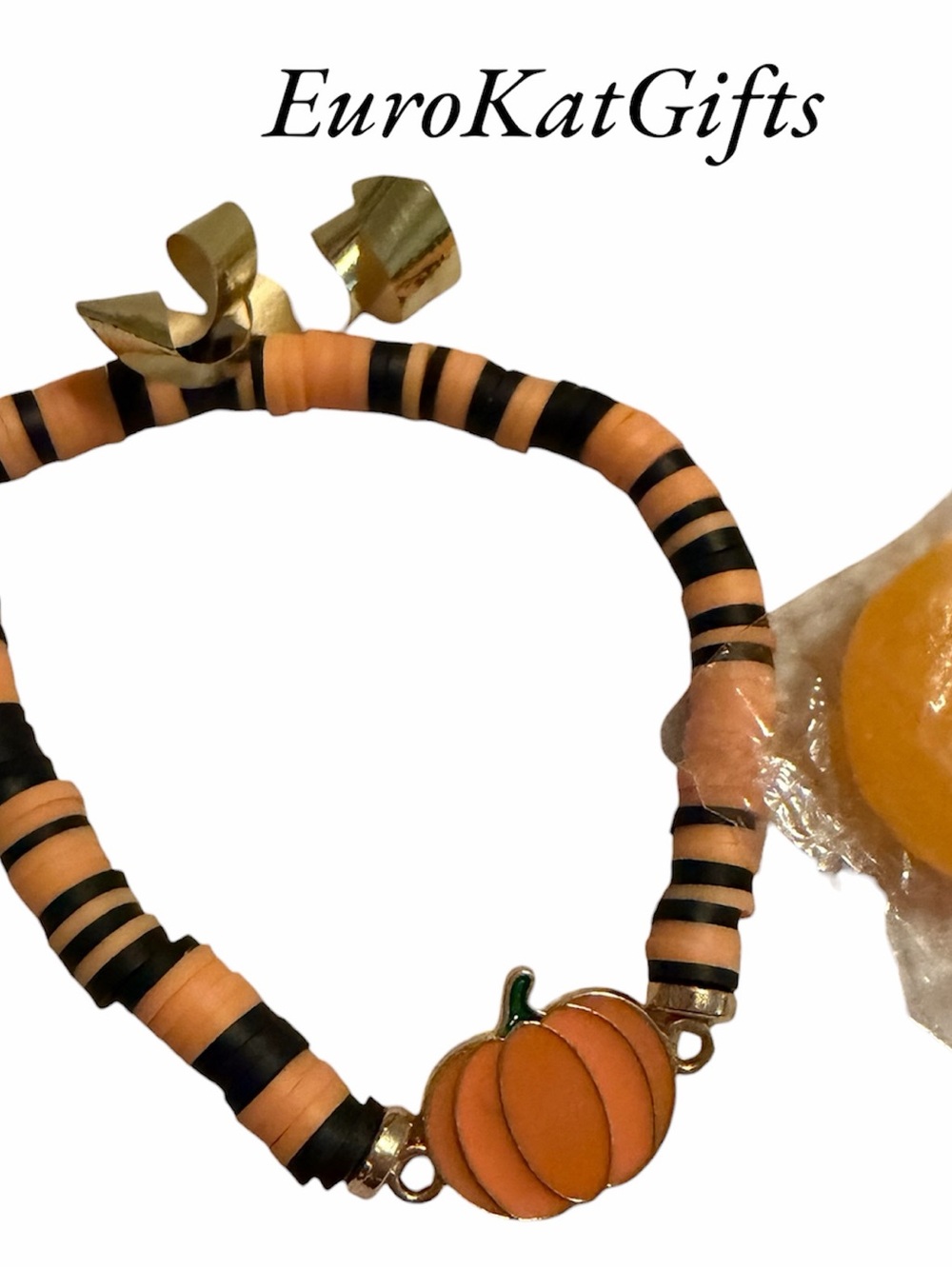 Halloween Pumpkin Beaded Kids Bracelet - Orange & Black NEW